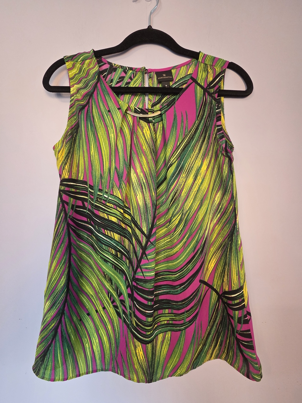 Pink & Green Tropical Print Sleeveless Top Gold Neck Detail Womens M Summer NWOT